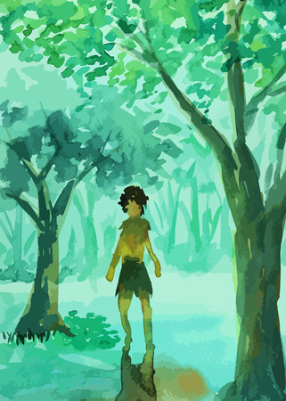 Man walking in the forest painting backgroundのイラスト素材