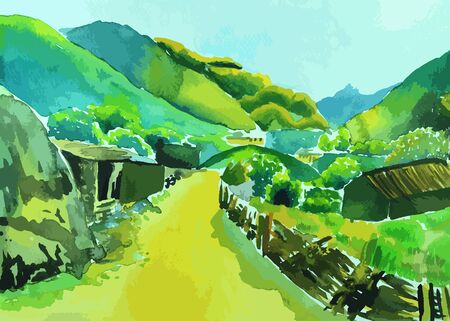 Houses in the countryside surrounded by mountains paintingのイラスト素材