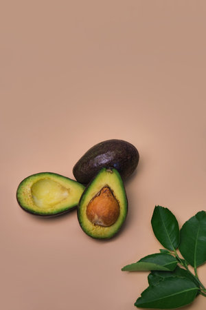 Vertical and above view with avocado fruits on pastel background.