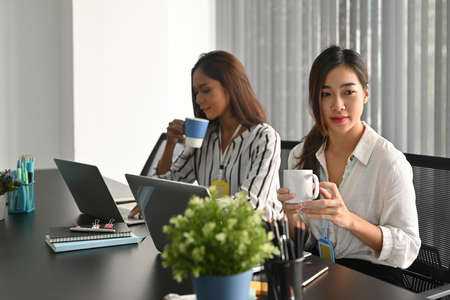 Businesswomen working together at the working desk surrounded by a computer laptop, paperwork and office equipment.の写真素材