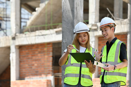 Team of young asian man and woman contractor, engineer or architect explain and inspecting the...