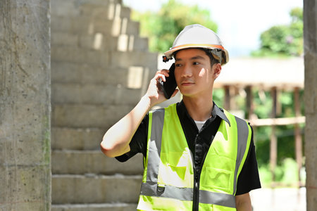 Young Asian engineer, architect or foreman wearing safety helmet and reflective clothing talking on...