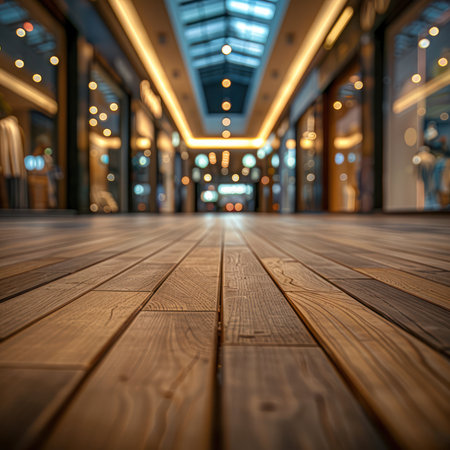 Wide-angle view of wooden floor of Interior community mall, or a minimalist store Decorated in an eco-friendly style.の素材