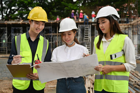 The construction supervisors are discussing, planning and inspecting the construction work at the...