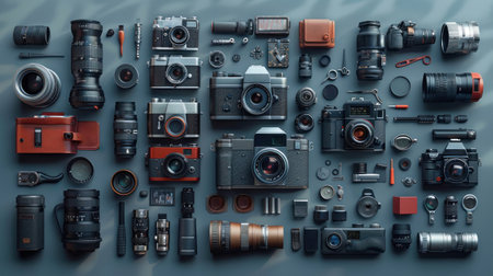 Knolling concept of an arrangement of photographer elements on a colored background, Generated by AI.の素材