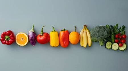 Top view image of A row of different fruits and vegetables, Generative AI.の素材