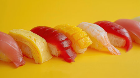 Close-up image of various Japanese sushi in a row on a yellow background, image for banner advertisement, Generative AI.の素材