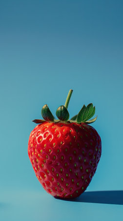 A Fresh strawberry, a natural aesthetic, close-up photo for advertisement, red on pastel blue background, studio shot, Generative AI.の素材