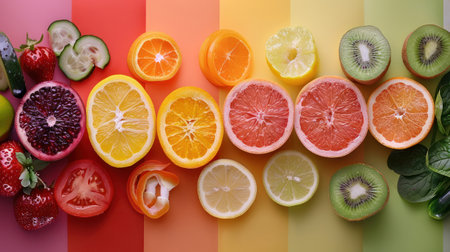 Above view with various colorful fruits on a different pastel color stripe background, Generative AI.の素材