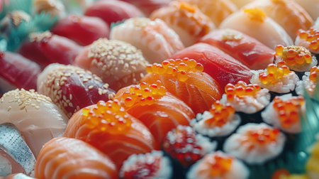 An overhead shot with Close-up, Horizontal image of various sushi, full fill in the background, Generative AI.の素材