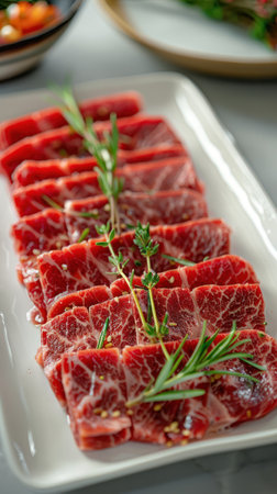 Close-up and Focus on sliced fatty beef meat for the grill, arranged on a white table, Generative AI.の素材