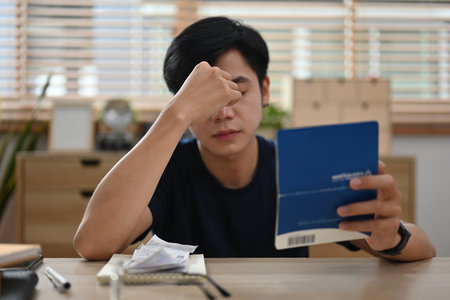 Young Asian man stressed after looking at his passbook balance, financial planning concept.