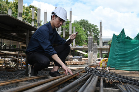 Construction engineer or worker checking the quality of steel for concrete foundation and check the...