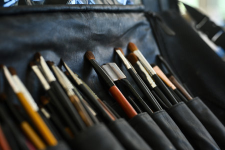 Close-up of Various professional make-up brushes a makeup artists in a holder pocket handy bag.の写真素材