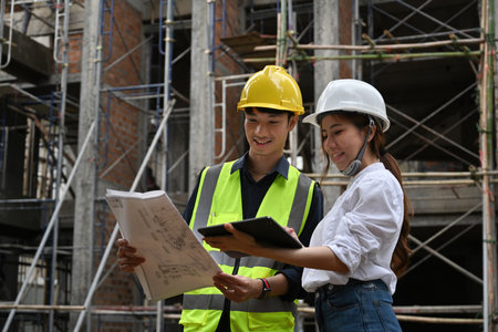 A female engineer and a contractor discuss the safety assessment of building construction, building...