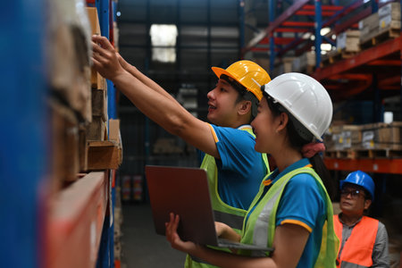 Depot female worker using a laptop for arranging customer orders or checking logistics of merchandise for drop shipping with her colleagues.の写真素材
