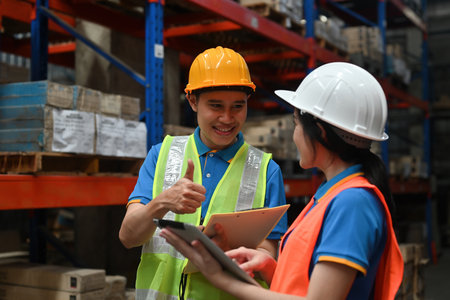 Warehouse worker giving a thumbs up to co-workers, Praise, and encouragement for coworkers.