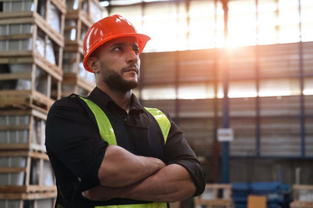 Portrait of Confident Caucasian male warehouse engineer, supervisor or manager in arm crossed.