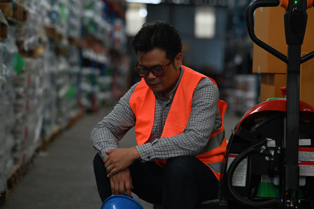 Stressed despairing mid-adult warehouse worker in a logistic business sitting at the hand truck, Being fired from work, Unemployed, Failed, Hopeless, and Burned out at work concepts.の写真素材
