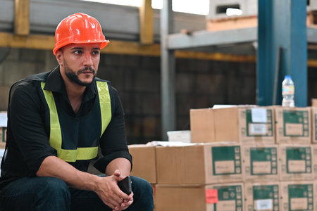Warehouse Caucasian employee at rest.の写真素材