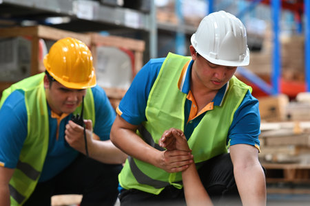 Close-up of warehouse workers first aid their friend after accidents or First aid training in an...