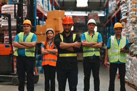Multiracial Warehouse workers logistic team working in warehouse for industry business or shipping management.の写真素材