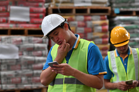 Warehouse workers male on break, relax and read the news on smartphone in an industrial factory.の写真素材