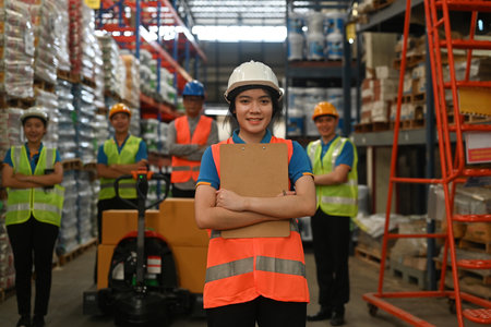 Portrait of diverse warehouse workers in work overalls, Focus on the female worker with her arms...