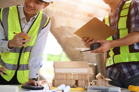 Two construction professionals discuss project details at a construction site. They review a scale model and documents, Focus on architectural model.の写真素材