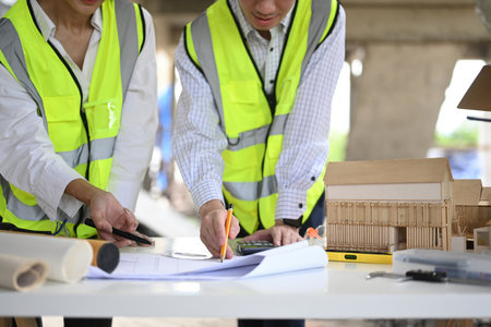 Two professionals examine blueprints and a scale model at a construction site. They point out...