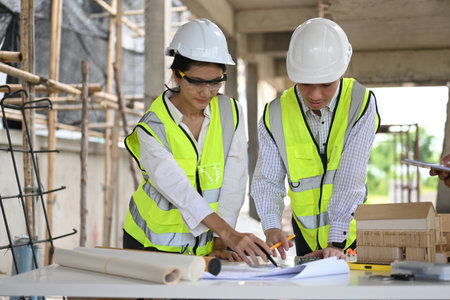 An architect and engineer review blueprints at a construction site. They wear safety gear and work...