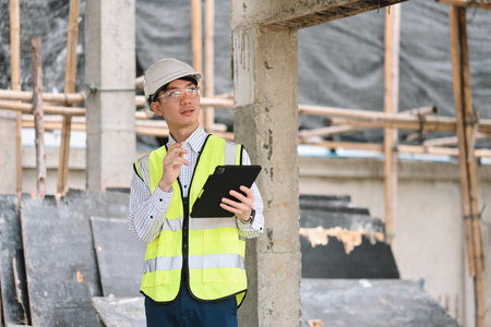 A construction engineer in safety gear uses a tablet at a construction site. He inspects the site,...