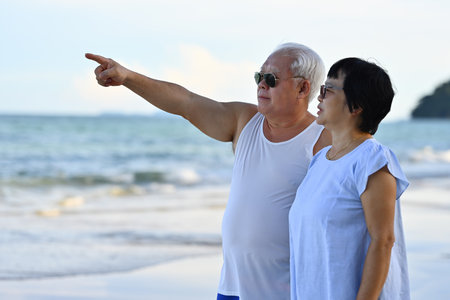 Portrait of Senior Asian couple standing on a beach and the old man pointing on the sky.の写真素材