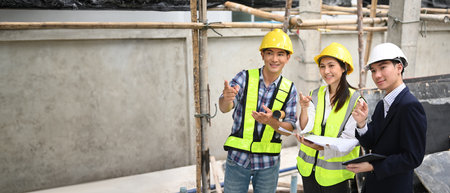 The inspector and workers discuss project details on-site, pointing and smiling, with a construction...