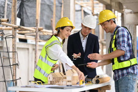 A chief engineer attentively listens to construction workers discussing project details, fostering a...