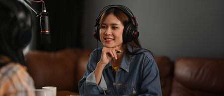 Podcast Host in Conversation between host and guest, banner and panorama design.