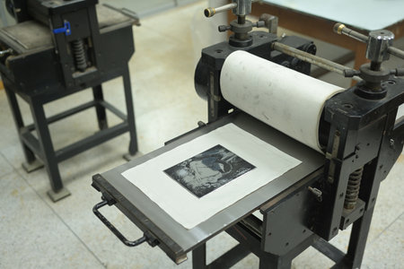 An inked artwork on an Intaglio printing plate is lying on the press bed of the etching press machine in a professional printmaking studio, Graphic art concept.の写真素材