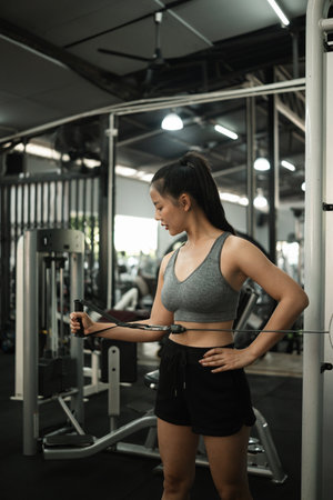Focused Sporty woman performing shoulder external rotation exercise using a cable machine at the...