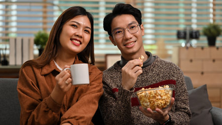 A Cheerful Asian couple watching television together, sharing snacks and smiles in a warm living...
