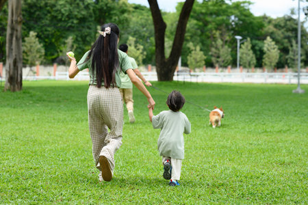 Rear view of a mother and child holding hands while running with their dog on a sunny day in the park.の写真素材
