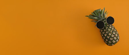 Top view with a fashionable pineapple with sunglasses on the empty yellow background.