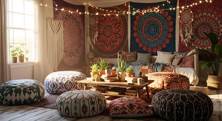 Interior of living room with decorative pillows and poufs