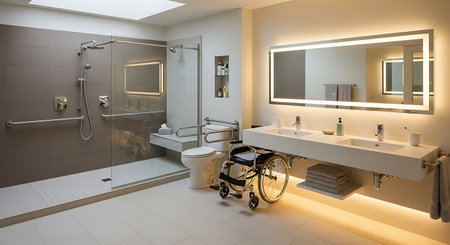 3D rendering of a bathroom with a wheelchair and a shower.
