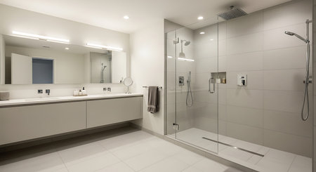 Interior of a modern bathroom with white walls and tiled floor