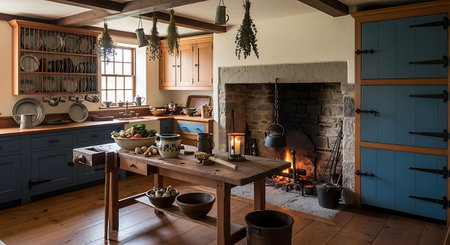 Interior of a rustic kitchen in a country house with fireplace