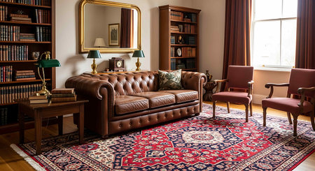 Luxury living room with leather sofa, armchairs and bookshelfの写真素材