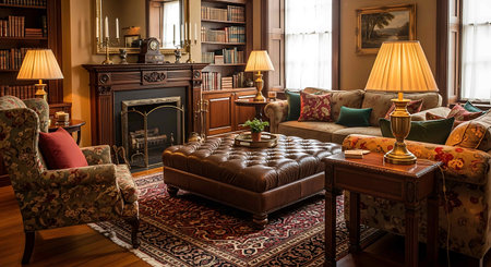 Luxury living room interior with antique furniture, bookshelf and fireplace