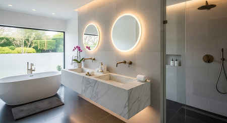 Interior of a modern bathroom with white bathtub and faucet