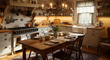 Interior of a rustic kitchen in a country house with furnitureの写真素材
