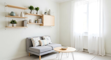 Interior of modern living room with grey sofa and bookshelvesの写真素材